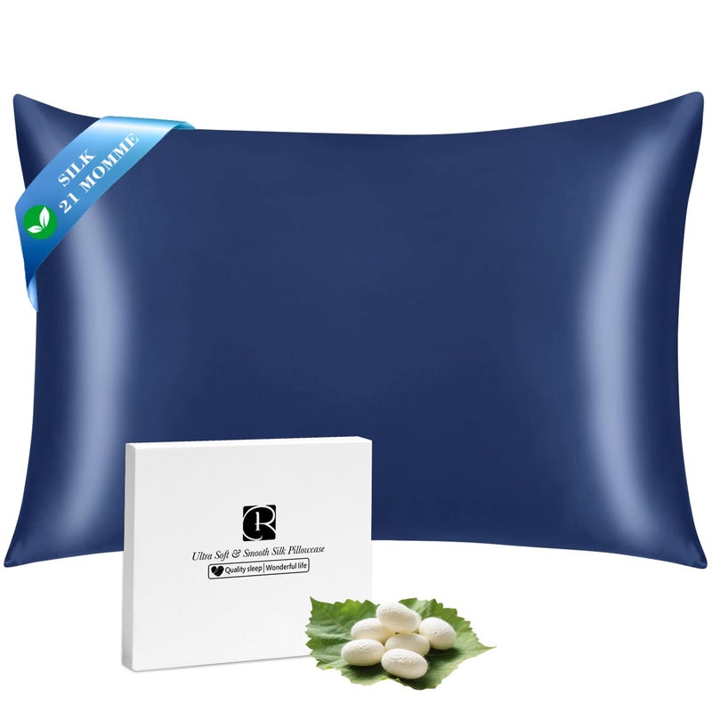 Ravmix Silk Pillow Cases with Zipper, 21momme Mulberry Silk Pillowcase for Hair Skin Health, Soft Smooth Breathable Cool Pillow Cover for Beauty Sleep with Gift Box 1PC(Queen 20"x30", Navy Blue) - Image 1